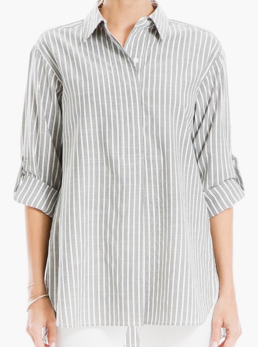 Max Studio Striped Collared Tunic Top - Gray/White